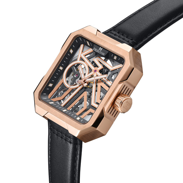 Campbell Leather-Band Skeleton Watch Rose Gold/Black | Rose Gold Dial