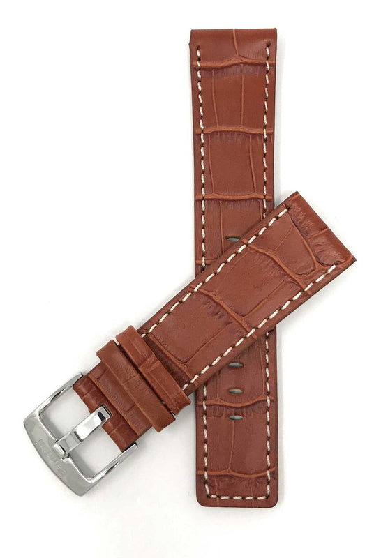 Bandini 24mm Tan Italian Leather Watch Band - Alligator Pattern - White Stitch -  Semi Padded 24mm / Tan / Silver Buckle |  Dial