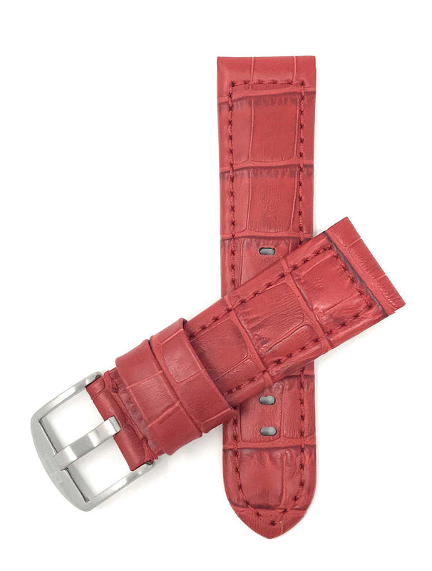 Bandini 18mm Red Italian Leather Watch Band - Alligator Pattern - Padded 18mm / Red / Silver Buckle |  Dial