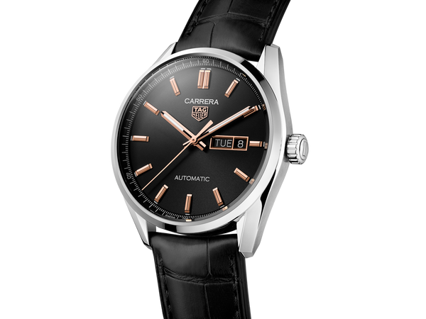 TAG HEUER CARRRERA DAY-DATE 41MM, W/R 100M, STEEL CASE, BLACK ALLIGATOR STRAP, BLACK DIAL Black Dial | Black Dial