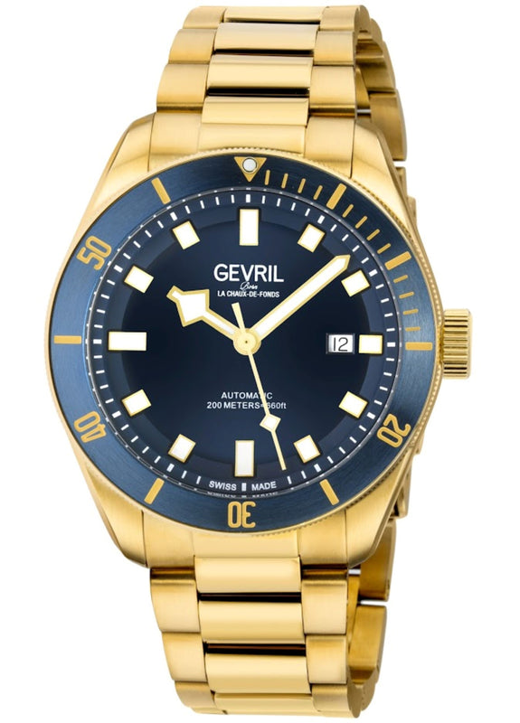 Yorkville Gevril Men's Yorkville Blue Dial Sellita SW200 Swiss Automatic Unidirectional Rotating Bezel Gold Tone Bracelet Date Luminous Watch | Blue Dial