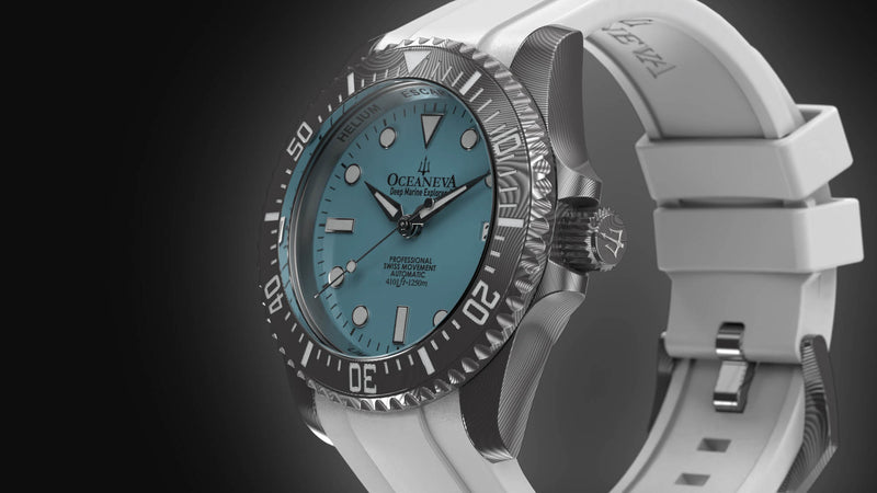 Damascus Swiss Automatic SW200 Deep Marine Explorer II Damascus/Light Blue Dial/White Strap | Light-blue Dial