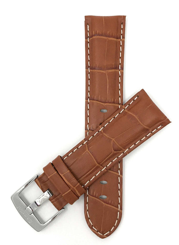 Bandini 18mm Tan Italian Leather Watch Band - Alligator Pattern - White Stitch -  Semi-Padded 18mm / Tan / Silver Buckle |  Dial