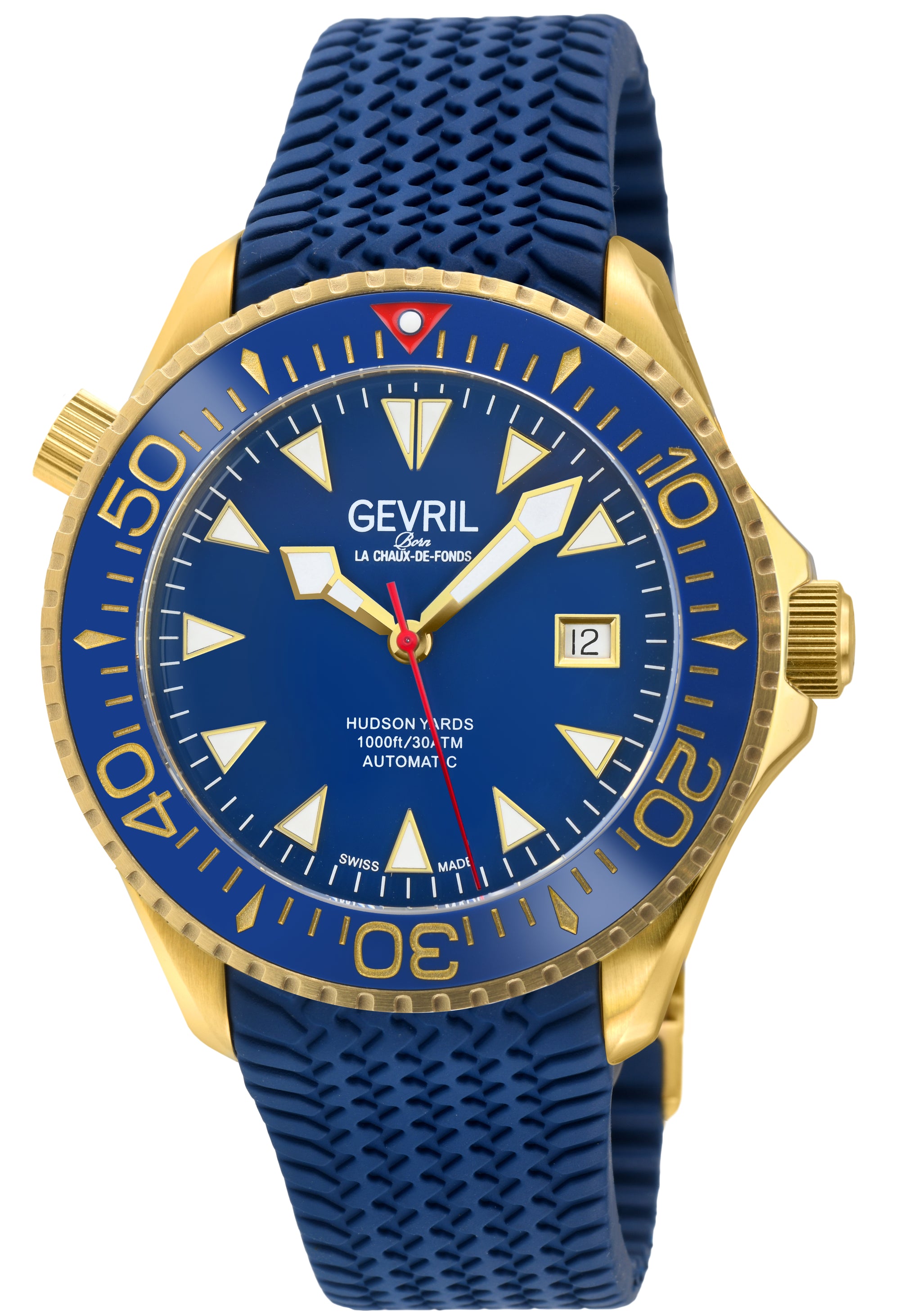 Hudson Yards -  Rubber Swiss Made SW200 ceramic rotating bezel helium valve, Blue Rubber Blue Dial