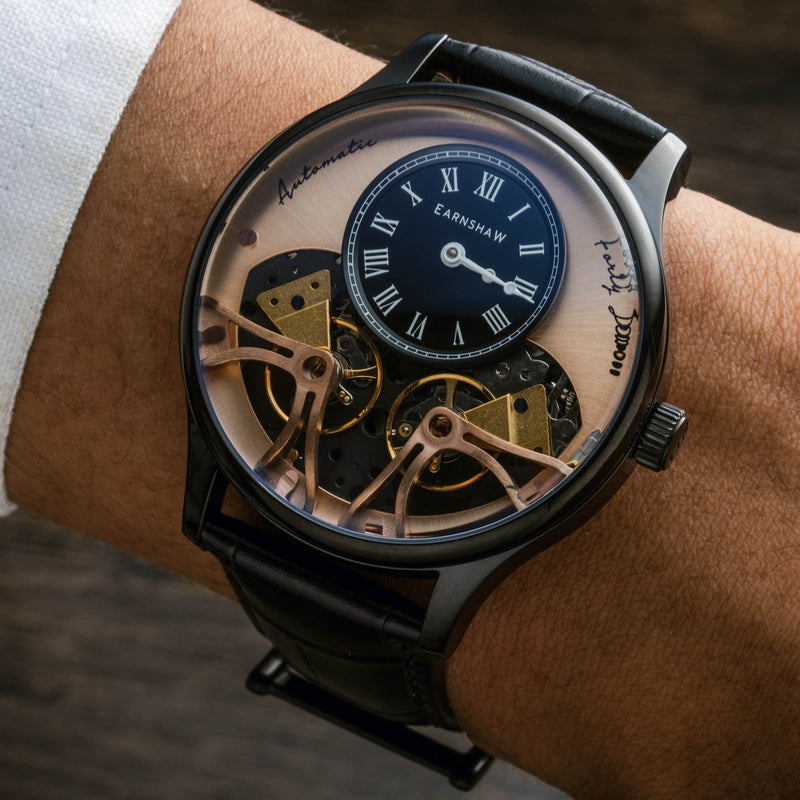 Thomas Earnshaw Scientists Faraday Double Barrel Automatic Black & Rose Gold / Leather | Black Dial