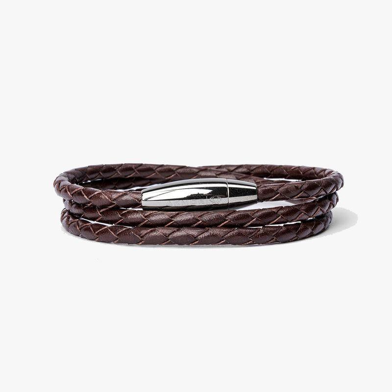 Braided Chocolate Leather Wrap, Polished Steel M (7.25" Wrist) |  Dial