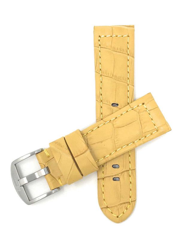 Bandini 22mm Yellow Italian Leather Watch Band - Alligator Pattern - Padded 22mm / Yellow / Silver Buckle |  Dial