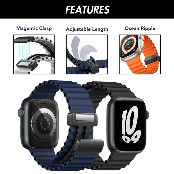 2 Pack - Magnetic Clasp Silicone Ocean Ripple Band for Apple Watch Ultra & Series 9/8/7/6 Black and White - 41mm/40mm/38mm |  Dial