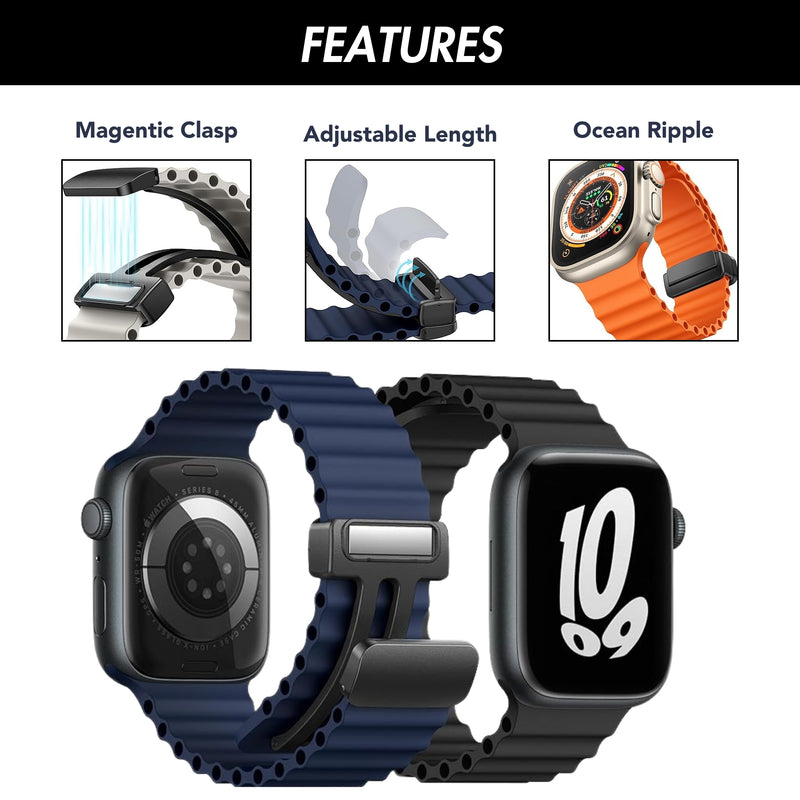 2 Pack - Magnetic Clasp Silicone Ocean Ripple Band for Apple Watch Ultra & Series 9/8/7/6 Black and Blue - 41mm/40mm/38mm |  Dial