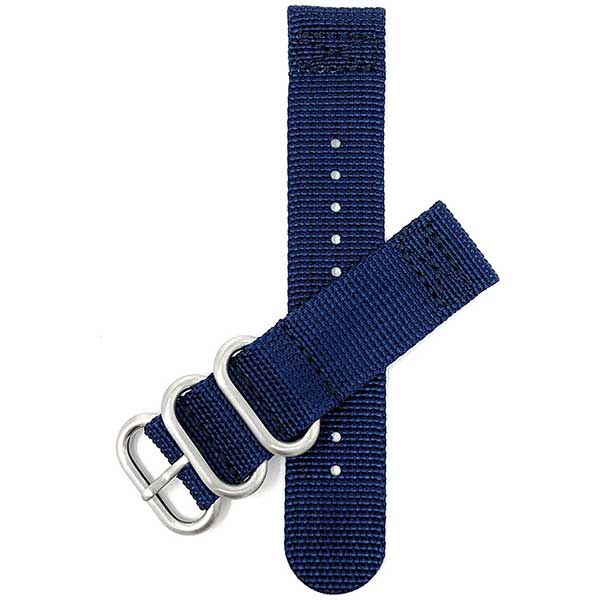 NYL200 | 20mm Blue Nylon Nato Style Watch Band, 2 Piece Strap, Loop Buckles 20mm / Blue / Silver Buckle |  Dial