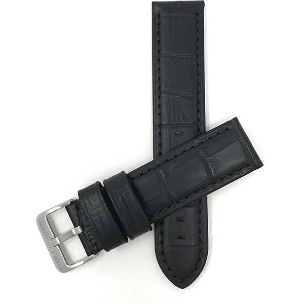 855 | 24mm Black Mens Waterproof Leather Watch Bands, Alligator Pattern 24mm / Black / Silver Buckle |  Dial