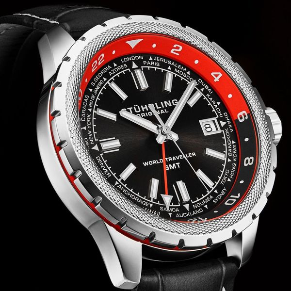 Global Voyager GMT 42mm World Timer Watch Black/Red | Black Dial