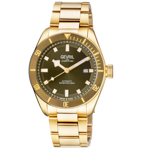 Yorkville Gevril Yorkville Olive Dial Sellita SW200 Swiss Automatic Unidirectional Rotating Bezel Gold Tone Bracelet Date Luminous Watch | Blue Dial