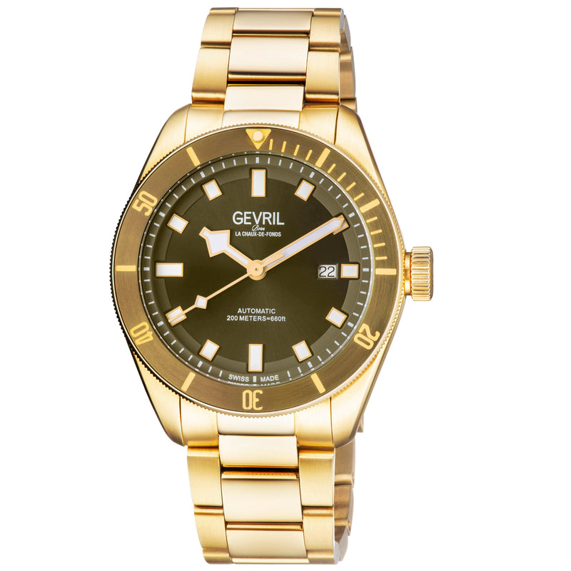 Yorkville Gevril Yorkville Olive Dial Sellita SW200 Swiss Automatic Unidirectional Rotating Bezel Gold Tone Bracelet Date Luminous Watch | Blue Dial