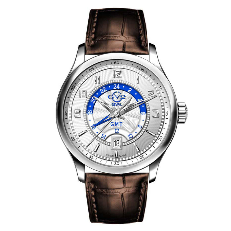 Giromondo GV2 By Gevril Mens Giromondo Stainless Steel Case Silver Dial Swiss Quartz Brown Calfskin Leather GMT Date Watch | Silver Dial