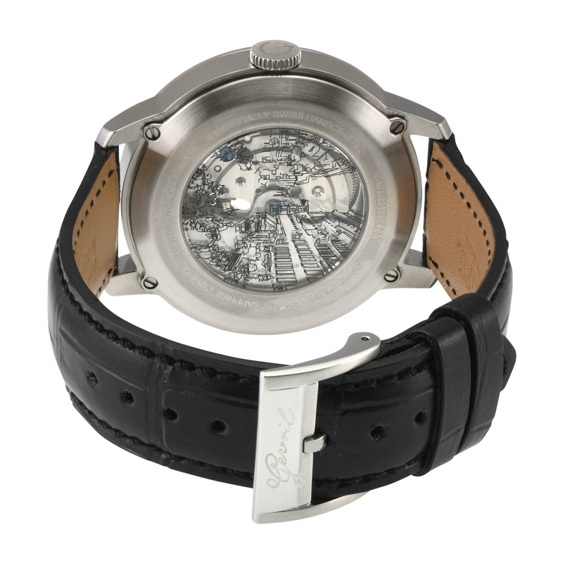 Mulberry Gevril Men's Mulberry SS Case, Black Dial embossed textured, Genuine Italian Handmade Black Leather Strap. | Black Dial