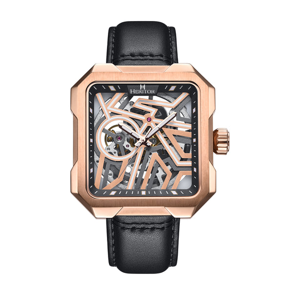 Campbell Leather-Band Skeleton Watch Rose Gold/Black | Rose Gold Dial