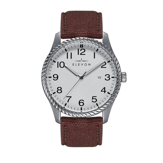Crosswind Canvas-Overlaid Leather-Band Watch w/ Date Silver/Brown | Silver Dial