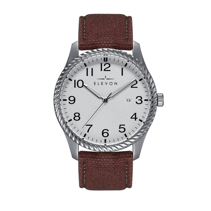Crosswind Canvas-Overlaid Leather-Band Watch w/ Date Silver/Brown | Silver Dial