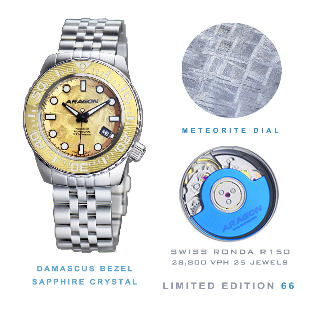 EVO Meteorite Swiss Automatic Limited Edition Titanium Damascus Bezel - Gold | Gold Dial