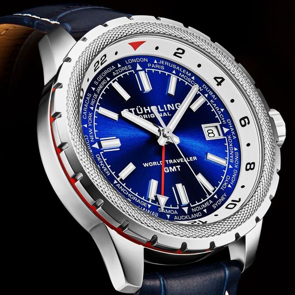 Global Voyager GMT 42mm World Timer Watch Blue/Leather | Blue Dial