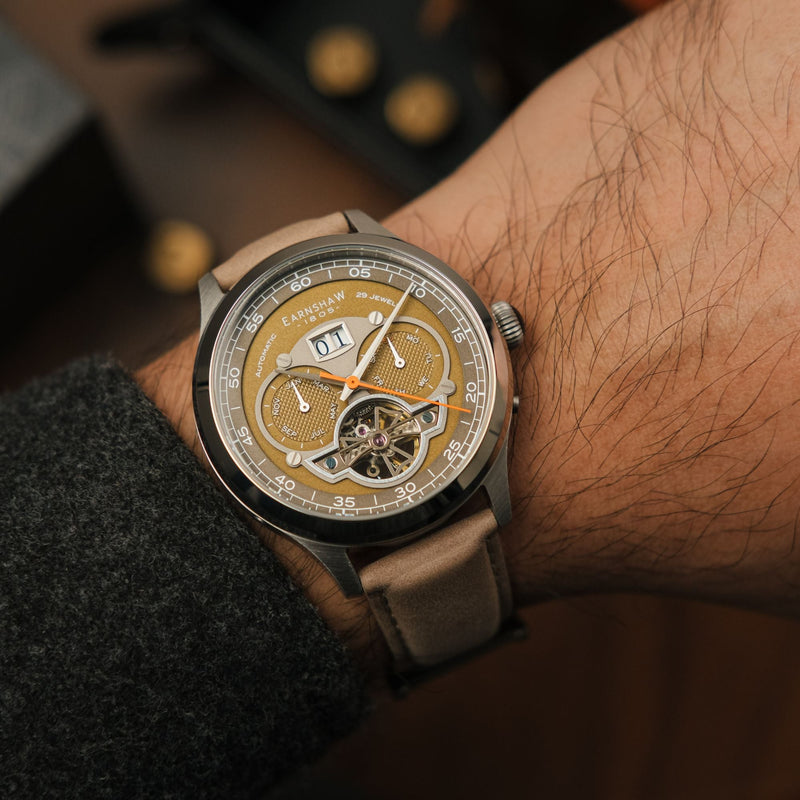 Baron Grand Date Calendar Open Heart Automatic Gray / Tan Leather | Gray Dial