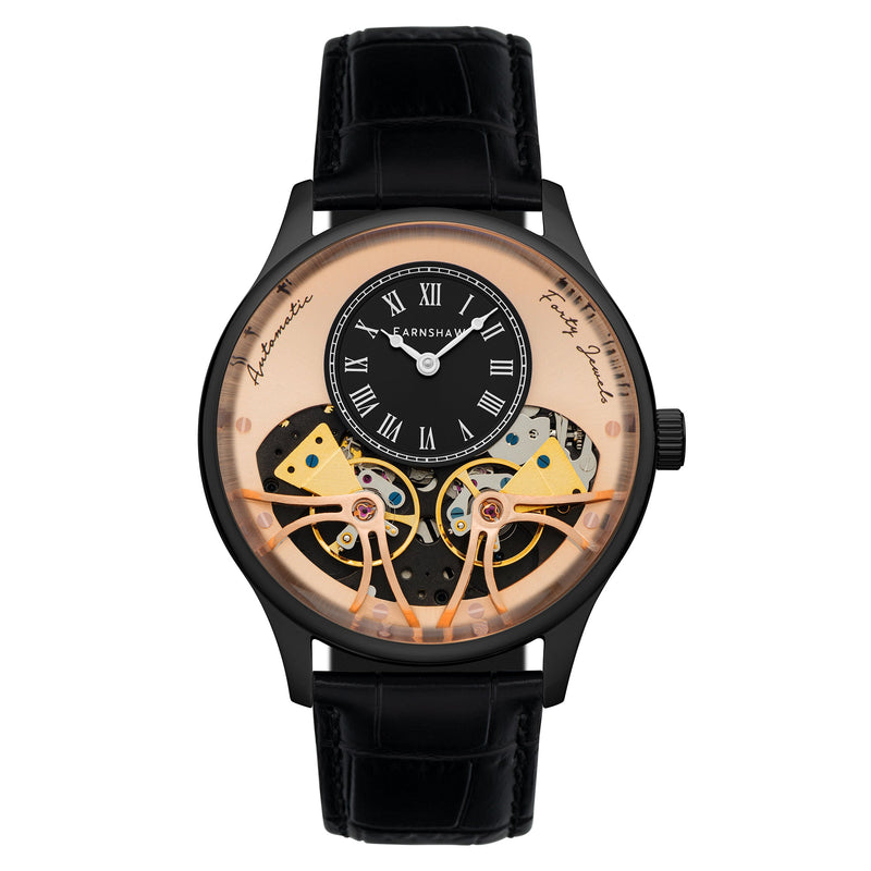 Thomas Earnshaw Scientists Faraday Double Barrel Automatic Black & Rose Gold / Leather | Black Dial