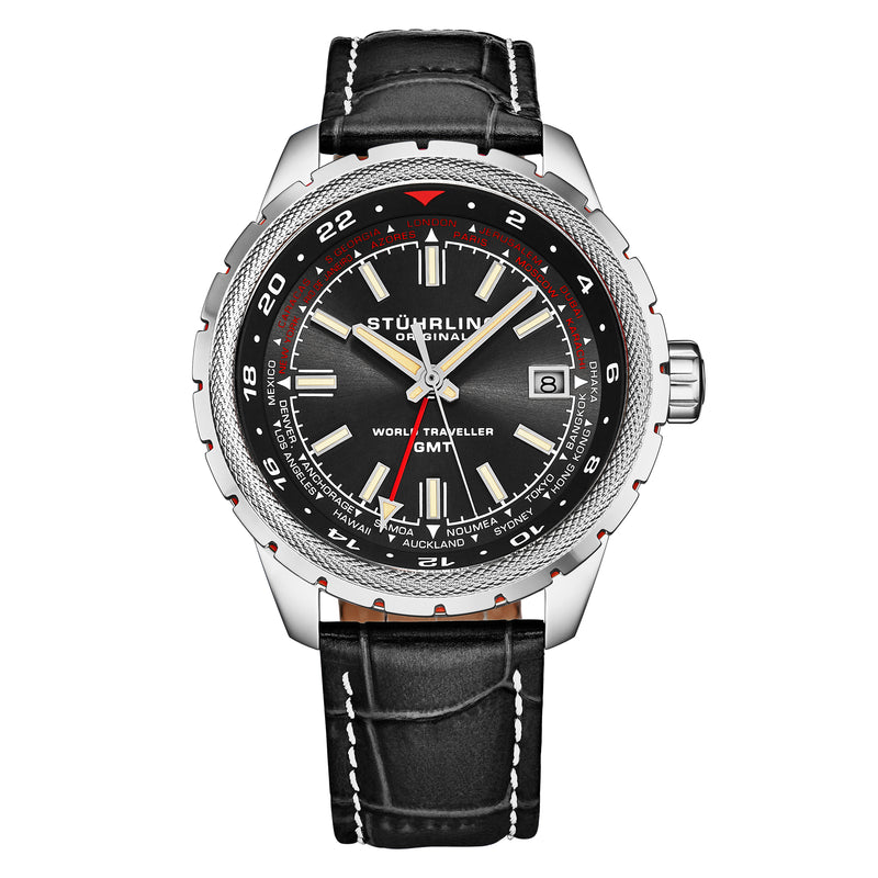 Global Voyager GMT 42mm World Timer Watch Black/Leather | Black Dial