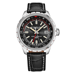 Global Voyager GMT 42mm World Timer Watch Black/Leather | Black Dial