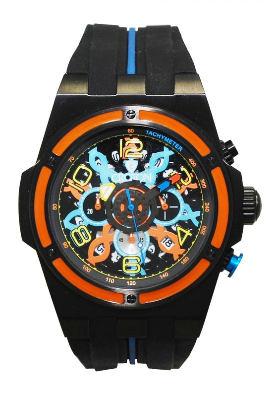 Men's Chronograph with IP Case & Silicon Strap Orange/Blue/Black | Black Dial