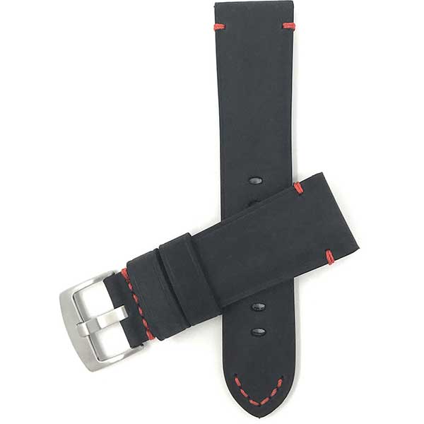 520 | 22mm Black and Red Mens Distressed Leather Watch Strap, Stitch 22mm / Black and Red / Silver Buckle |  Dial