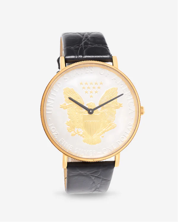 Men's Two Tone 2017 Silver Dollar Coin Watch with Goldtone Case & Leather Strap  |  Dial