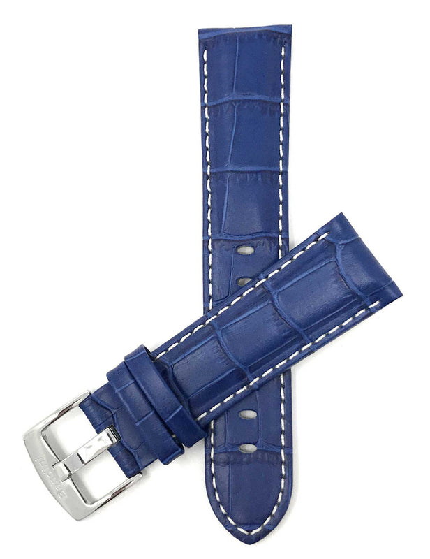 Bandini 26mm Blue Italian Leather Watch Band - Alligator Pattern - White Stitch -  Semi-Padded 26mm / Blue / Silver Buckle |  Dial