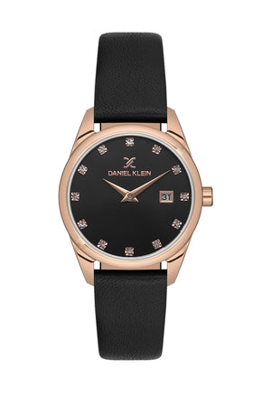 Womens Watch, Crystals, Leather Band - DK13664 Rose Gold / Black White Dial