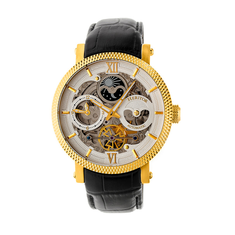 Automatic Aries Skeleton Leather Band Watch Black/Gold | Silver Dial