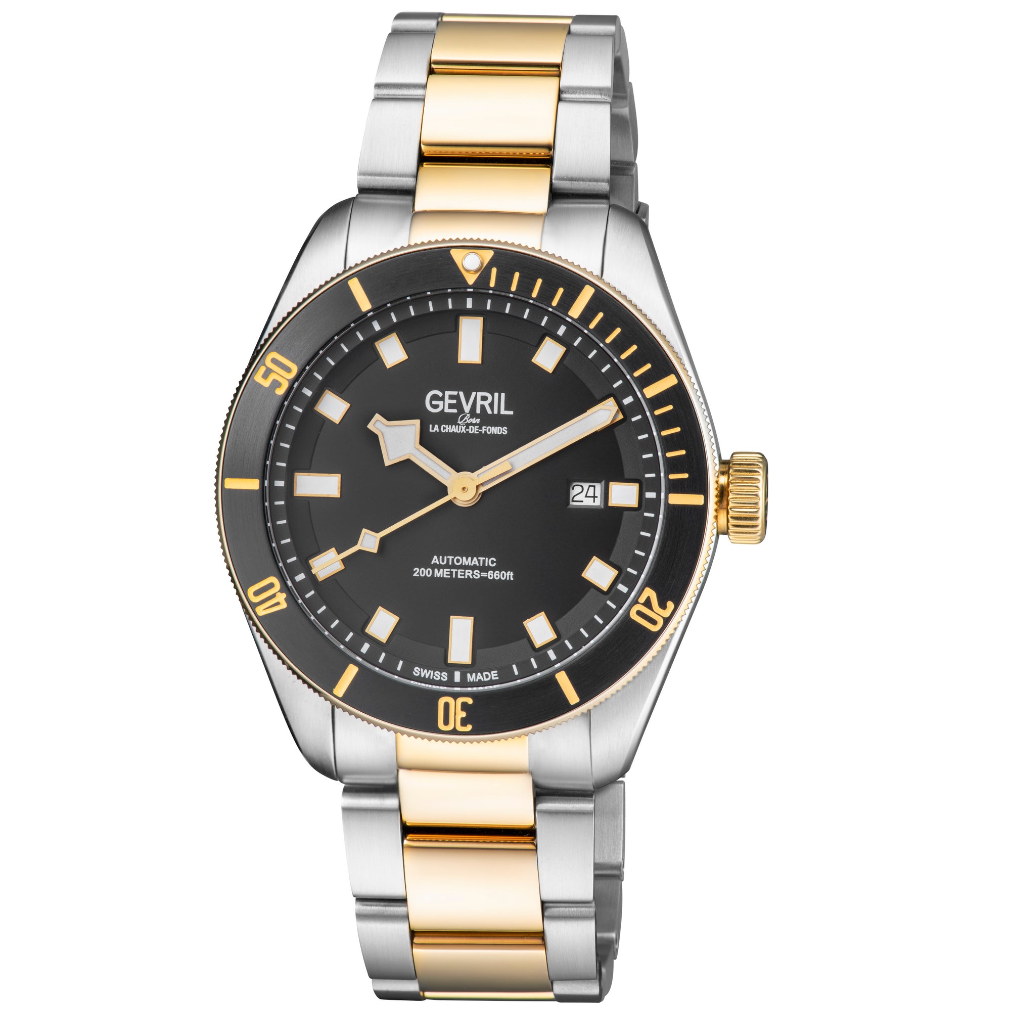 Yorkville Gevril Men's Yorkville Black Dial Sellita SW200 Swiss Automatic Unidirectional Rotating Bezel Two Tone Bracelet Date Luminous Watch | Black Dial