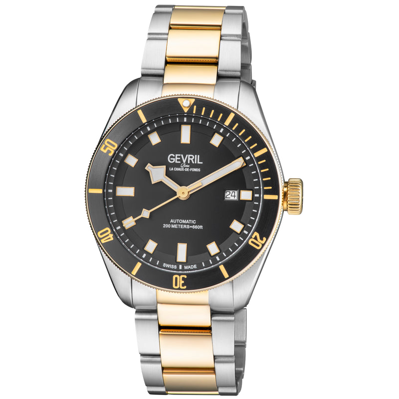 Yorkville Gevril Men's Yorkville Black Dial Sellita SW200 Swiss Automatic Unidirectional Rotating Bezel Two Tone Bracelet Date Luminous Watch | Black Dial