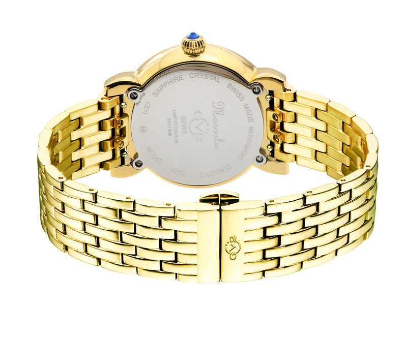 Marsala GV2 Women's Diamond Swiss Quartz Watch, White MOP dial, 8 Diamonds, SS Bracelet | Blue Dial