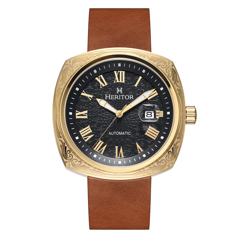 Davenport Engraved-Case Leather-Band Watch w/ Date Gold/Brown | Black Dial