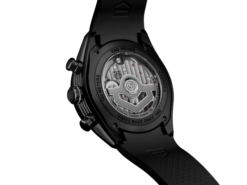 TAG HEUER CARRERA 44M, W/R 100M, TITANIUM/CERAMIC CASE, BLACK RUBBER STRAP, SKELETON DIAL Black Skeleton Dial | Black Skeleton Dial