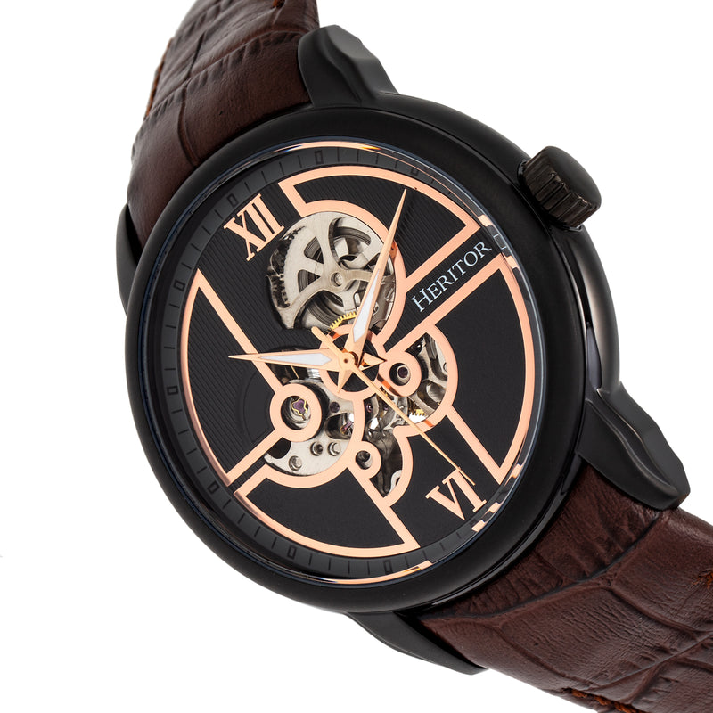 Automatic Sanford Semi-Skeleton Leather-Band Watch Black/Brown | Black Dial
