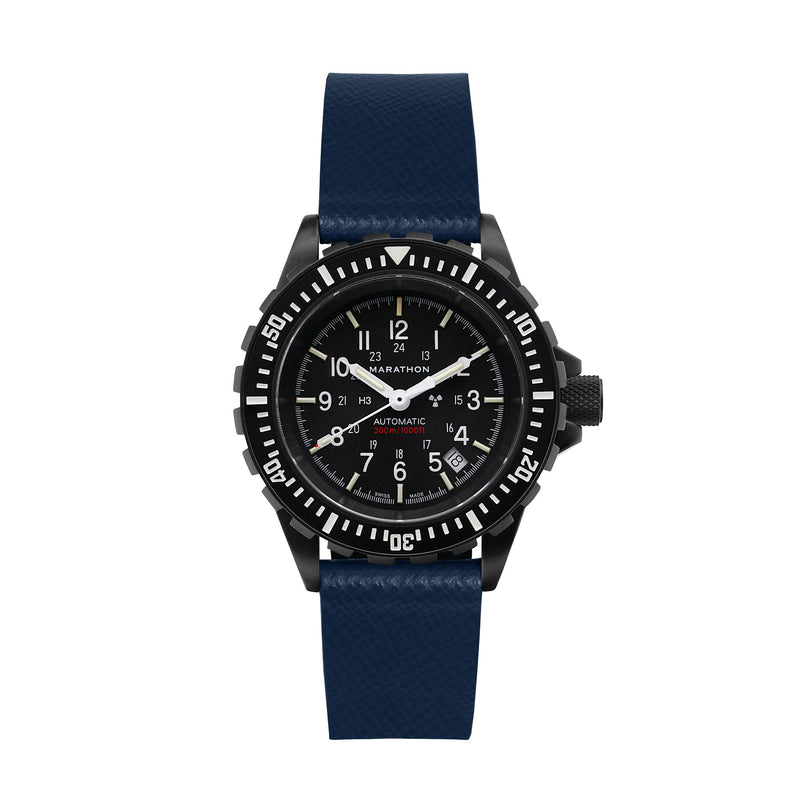 STRAP, 20mm, ITALIAN LEATHER, CROSS HATCH, IP BLACK BUCKLE, ROYAL BLUE, XL ITALIAN LEATHER, CROSS HATCH |  Dial