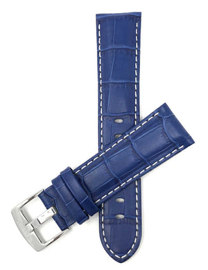 Bandini 20mm Royal Blue Italian Leather Watch Band - Alligator Pattern - White Stitch -  Semi-Padded 20mm / Royal Blue / Silver Buckle |  Dial
