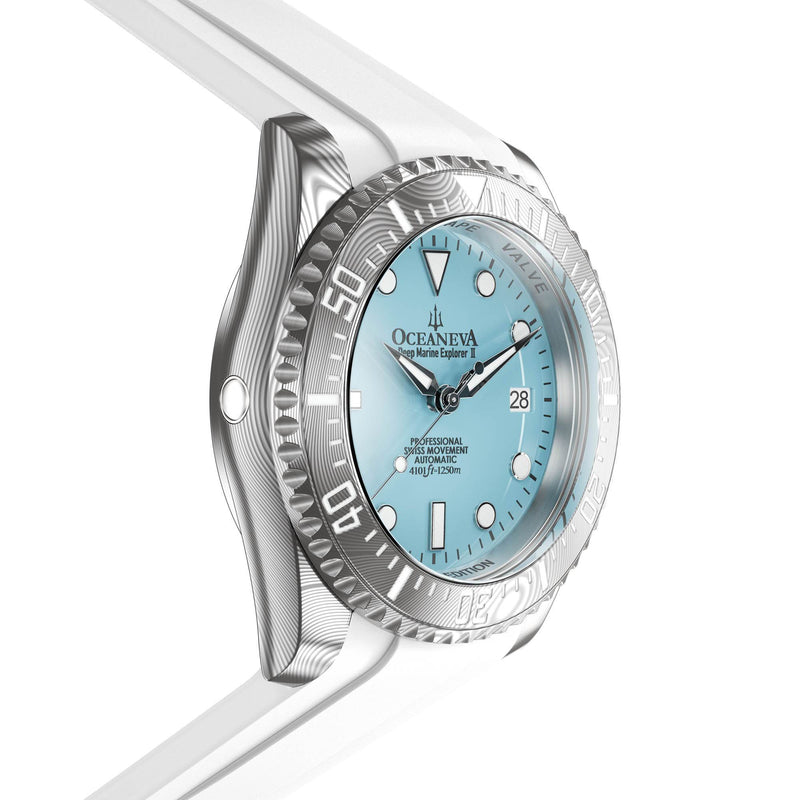 Damascus Swiss Automatic SW200 Deep Marine Explorer II Damascus/Light Blue Dial/White Strap | Light-blue Dial