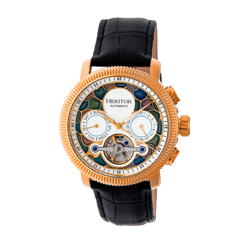 Aura Semi-Skeleton Genuine Leather-Band Watch Rose Gold/White | Multi-colored Dial