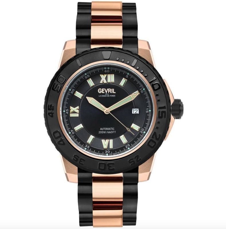 Seacloud Gevril Two Tone Rose Gold Tone Black PVD Black Dial Luminous Hands Swiss Made Automatic Bracelet Date Watch | Black Dial