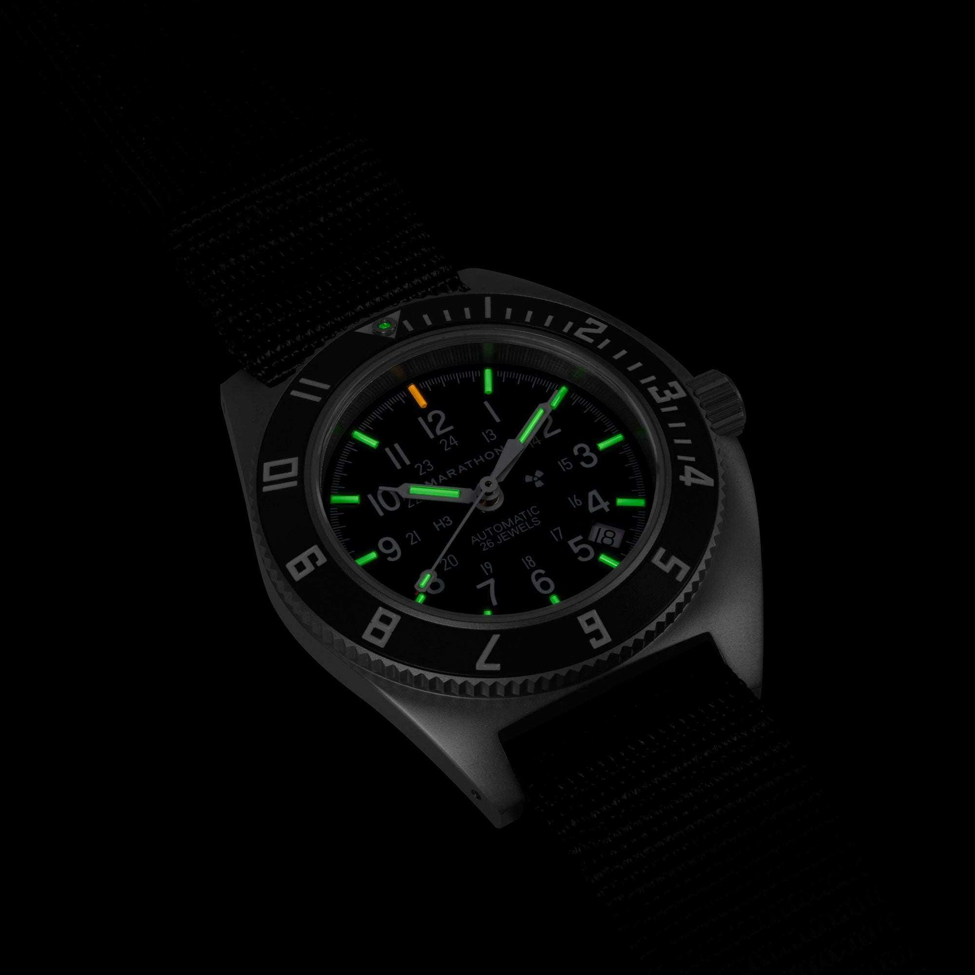 NAV, DATE, AUTO, SAPH, NGM, COL: SS/BKBK NYLON 12" AUTO SSNAV With Date on 12 Ballistic | Black Dial
