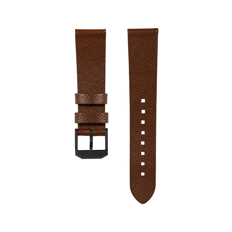 STRAP, 20mm, ITALIAN LEATHER, CROSS HATCH, IP BLACK BUCKLE, COGNAC, STANDARD ITALIAN LEATHER, CROSS HATCH