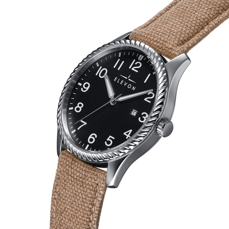 Crosswind Canvas-Overlaid Leather-Band Watch w/ Date Black/Khaki | Black Dial