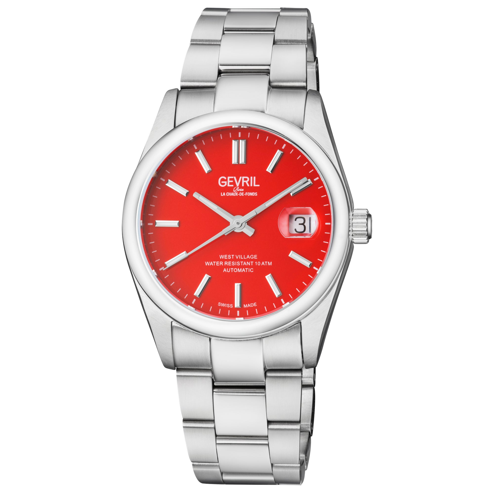 West Village Gevril Sellita SW200 Swiss Made Automatic Watch Red magnify date sapphire crystal | Red Dial